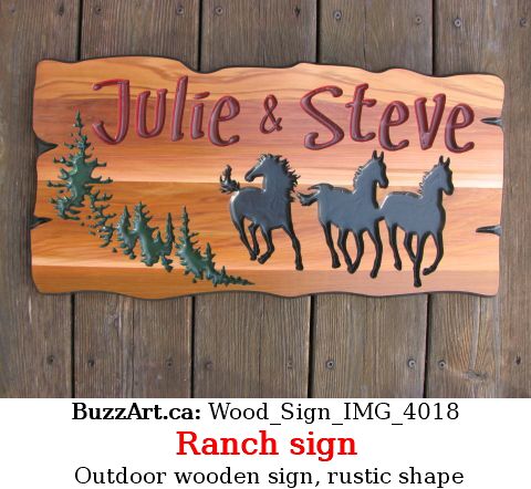 Ranch style wooden sign with horses